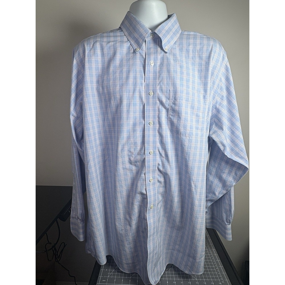 Brooks Brothers Mens Blue Plaid Oxford Non Iron 17 1/2 Business Cotton